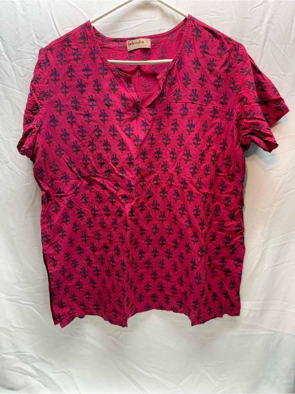 Fabindia 2XL Cotton Pink Floral Print Tunic Top Boho Indian Kurta Blouse